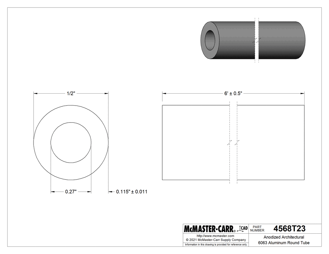 Technical Drawing of Anodized Architectural 6063 Aluminum Round Tube, 0.115" Wall Thickness, 1/2" OD, 6 Feet Long.
